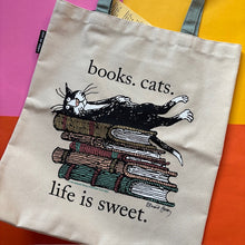 Load image into Gallery viewer, Book. Cats. Life Is Sweet Tote Bag
