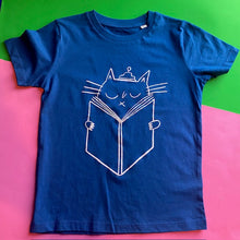Load image into Gallery viewer, Cat Read T- shirt in Blue
